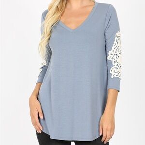 Zenana Women's V Neck 3/4 Sleeve Rounded Hem Rayon Top Lace Patch Sleeve